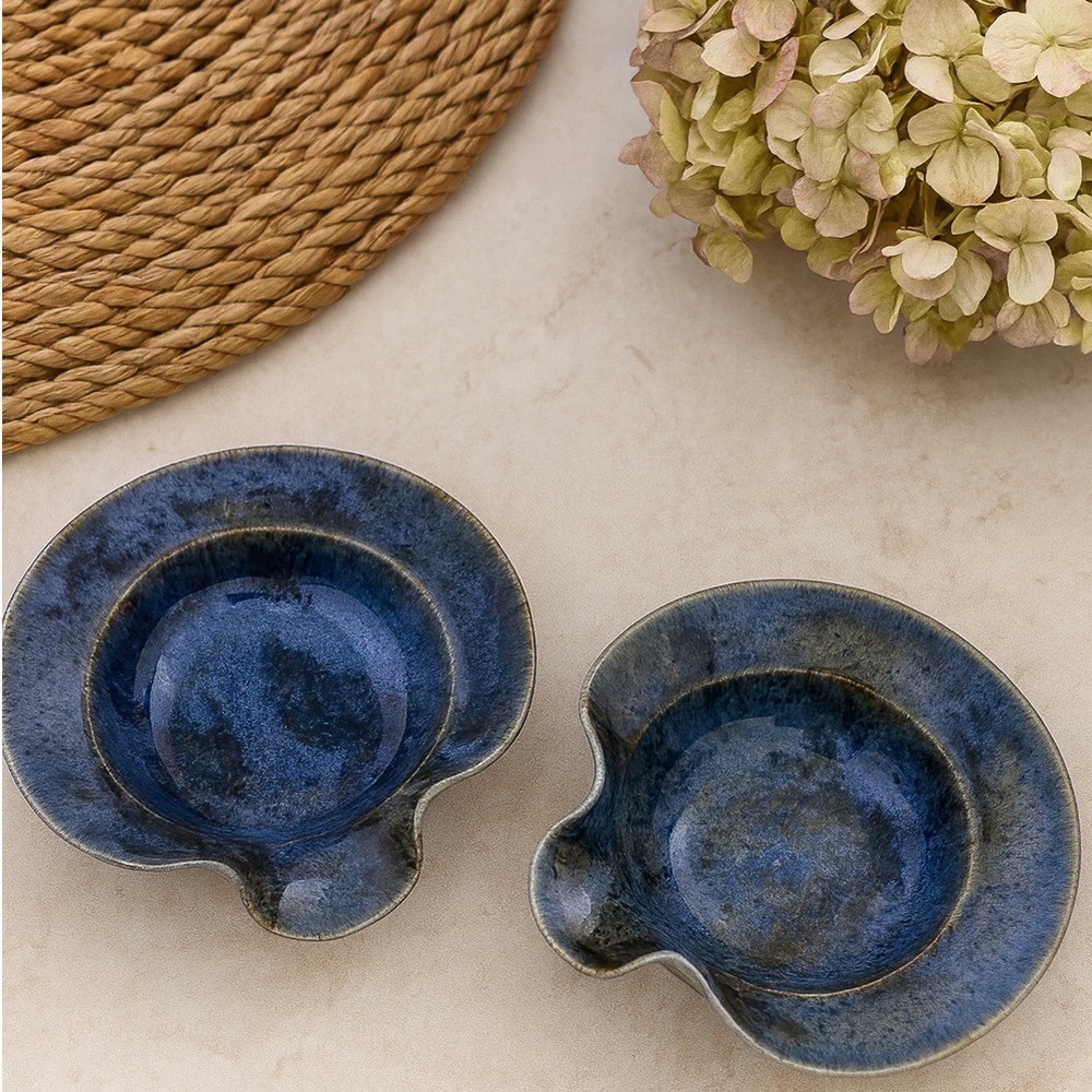 Set of 2 Blue Studio Pottery Dipping Bowls‎ Speckled Glaze Sauce Dishes Vintage
